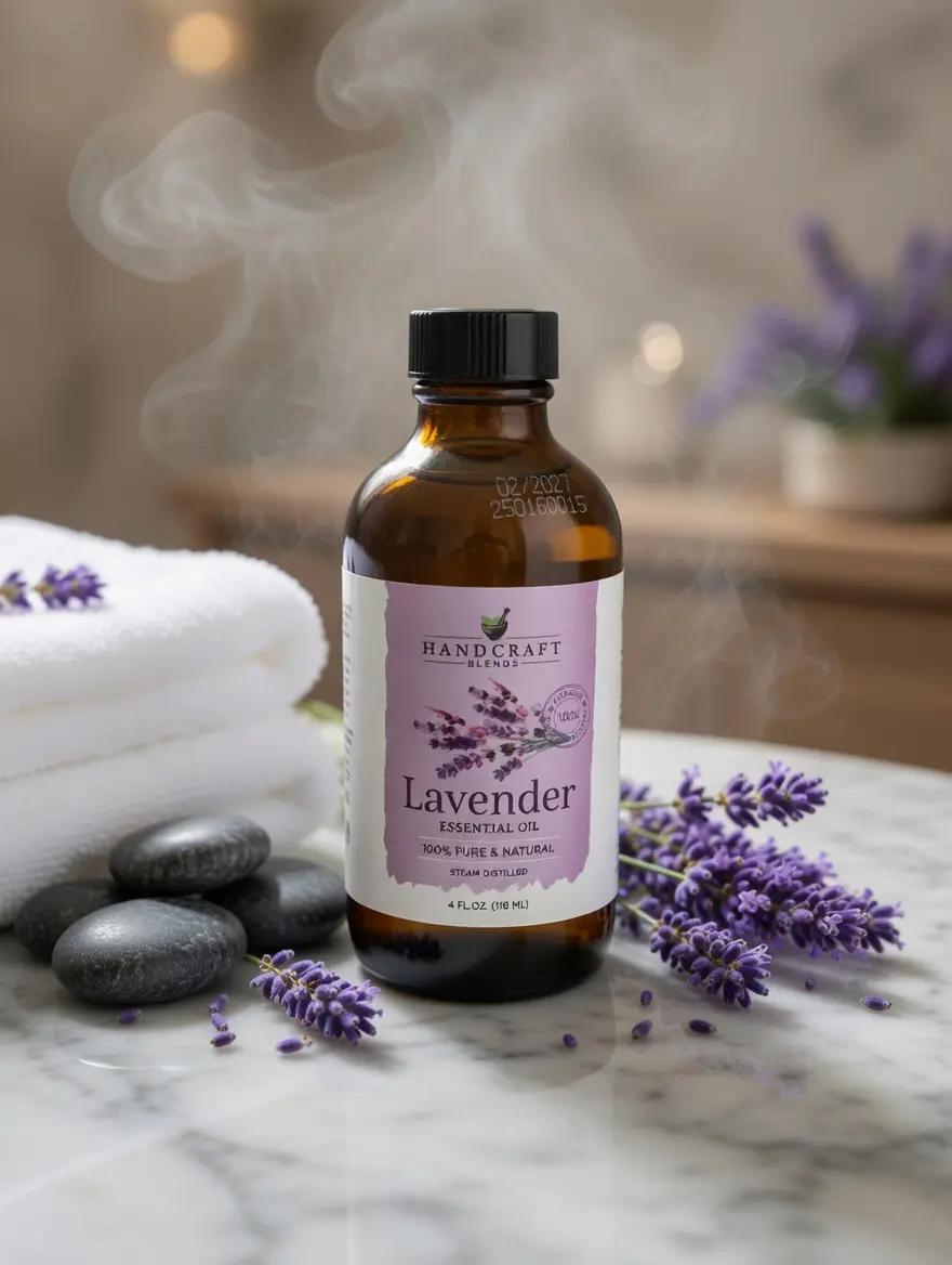 Lavender essential oil bottle with steam rising, placed on a marble surface beside folded towels, smooth black stones, and fresh lavender sprigs in a spa-like setting.
